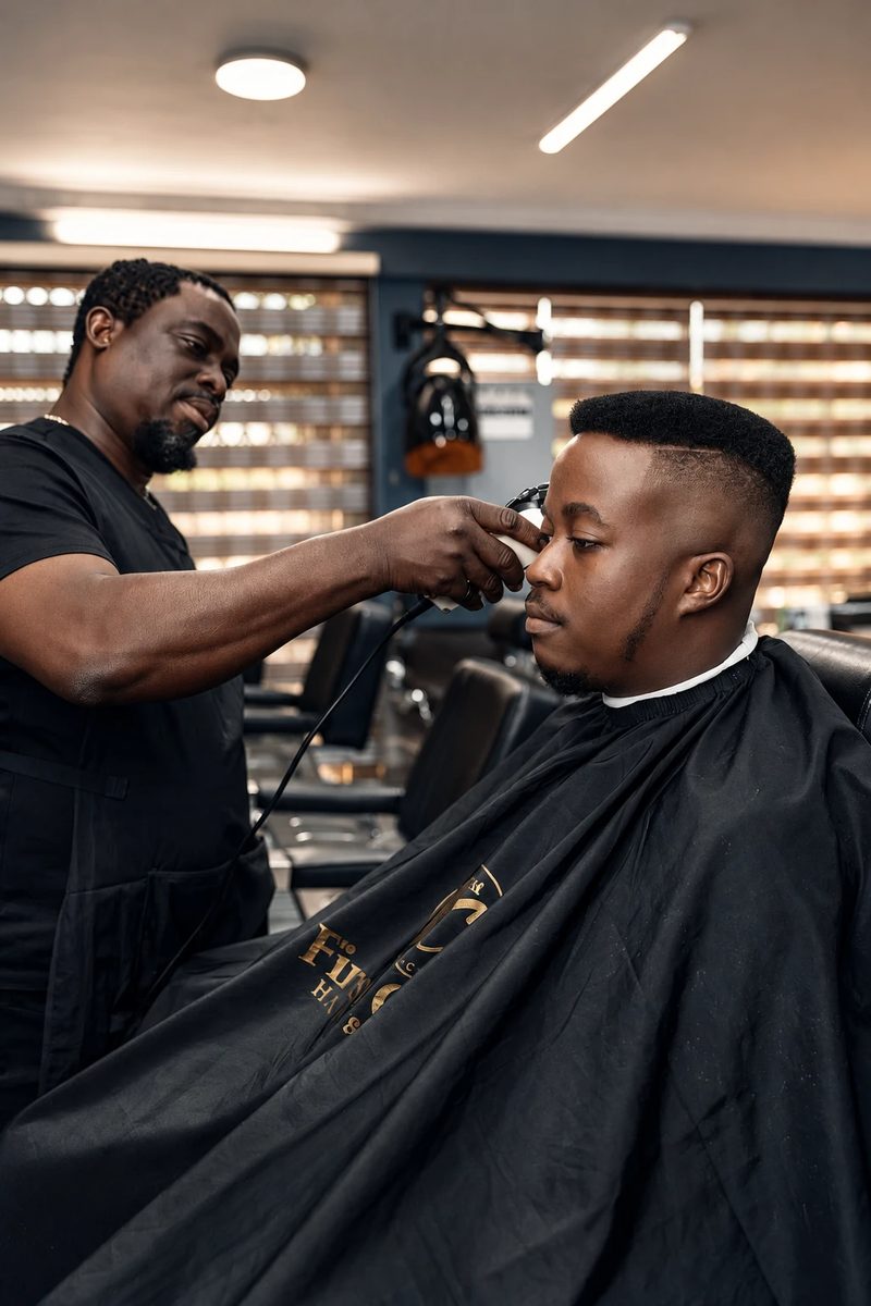A barber cutting a customer's hair