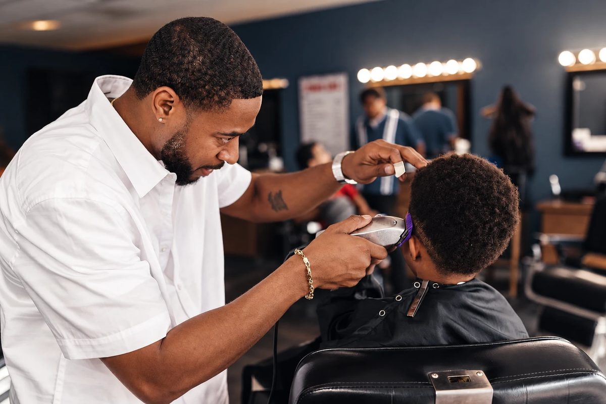 A barber cutting a boy's hair
